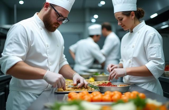 Feine Küche Catering Team bei der Zubereitung von Speisen in einer Küche