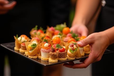 Servierte Canapés auf einer Platte bei einem Empfang